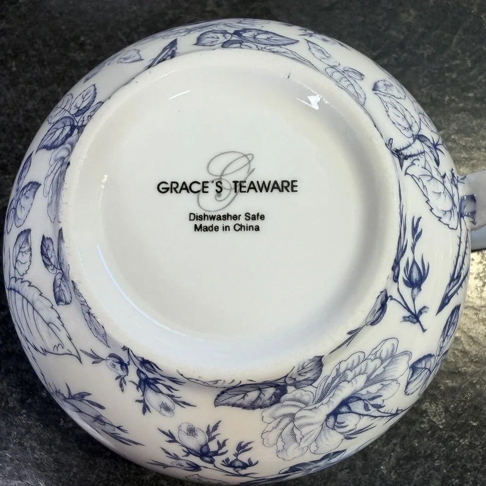 Grace Teaware Blue Rose Toile Fine Porcelain Oversized 16oz Tea Cup & Saucer EUC